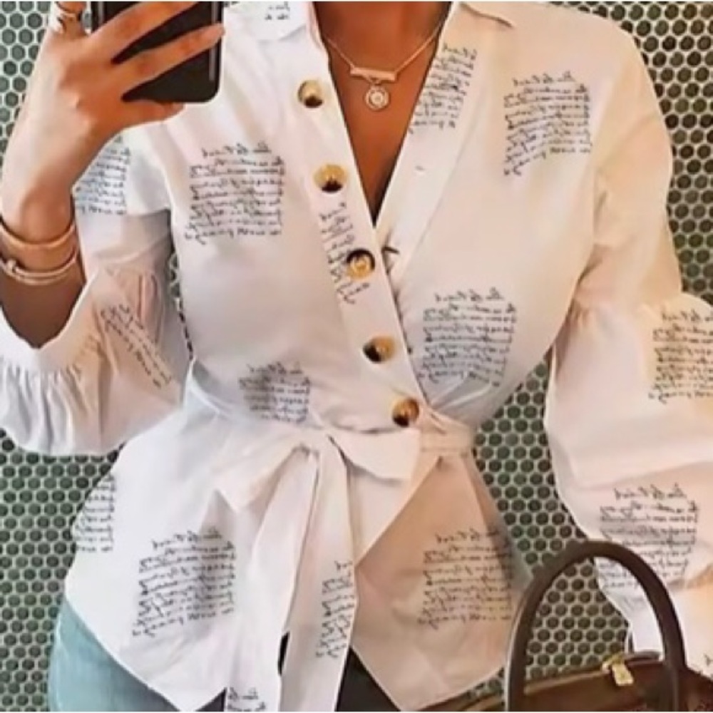 CBR Women’s Button Up Tie Letter Print Blouse Shirt Size Medium